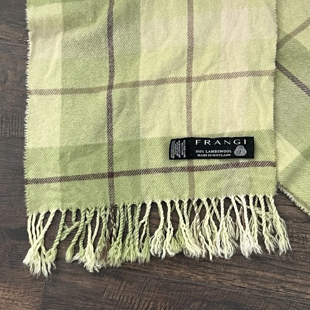 VTG‎ FRANGI Scarf 100% LAMBSWOOL MADE IN SCOTLAND Green Plaid W/Fringe 11.5